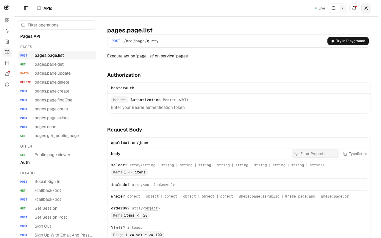 The APIs tab listing the pages actions and Better Auth routes, with a Try in Playground button