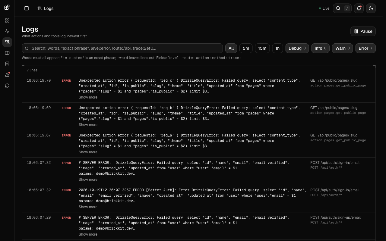 The Logs tab in dark mode with error lines from a failed database query and the route that produced each one