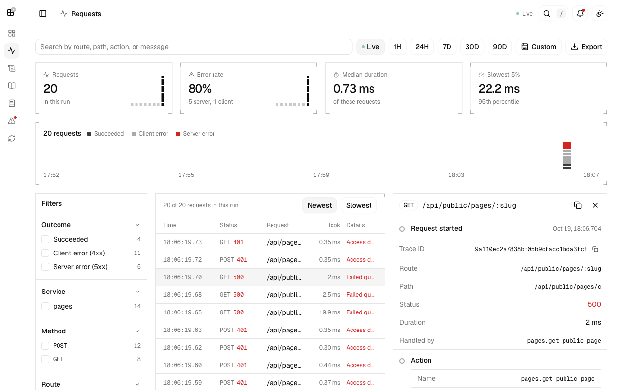 The Requests tab with 20 requests, an 80% error rate, and a request detail panel open